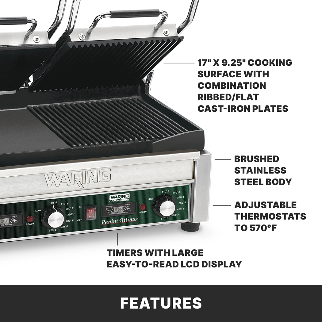 Ribbed and Flat Grill with Timer, 17" x 9.5", 240 Volt